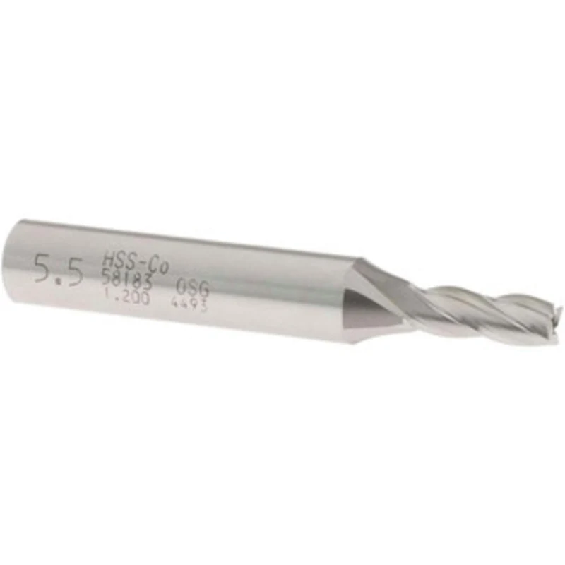OSG 5.5mm, 9/16 LOC, 3/8 Shank Diam, 2-7/16 OAL, 4 Flute, Cobalt Square End Mill Single End, Uncoated, Spiral Flute, ...